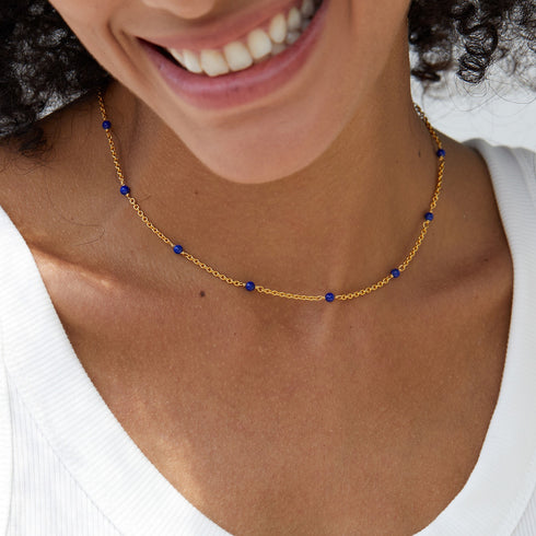 Blue Gemstone Beads Gold Chain Necklace - Perfect for Layered Wear